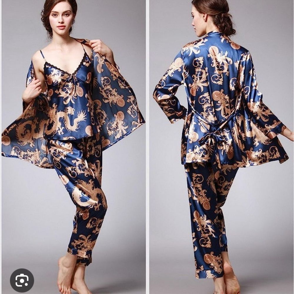 Silky Navy & Gold Dragon Print Satin Pajama Set